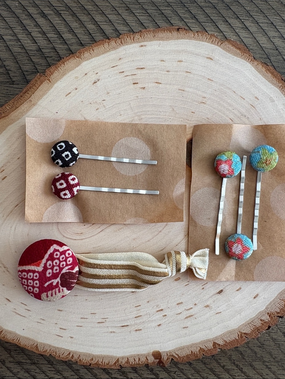 Fabric Button Hair Clip Set - Red, Blue 
& Multicolor